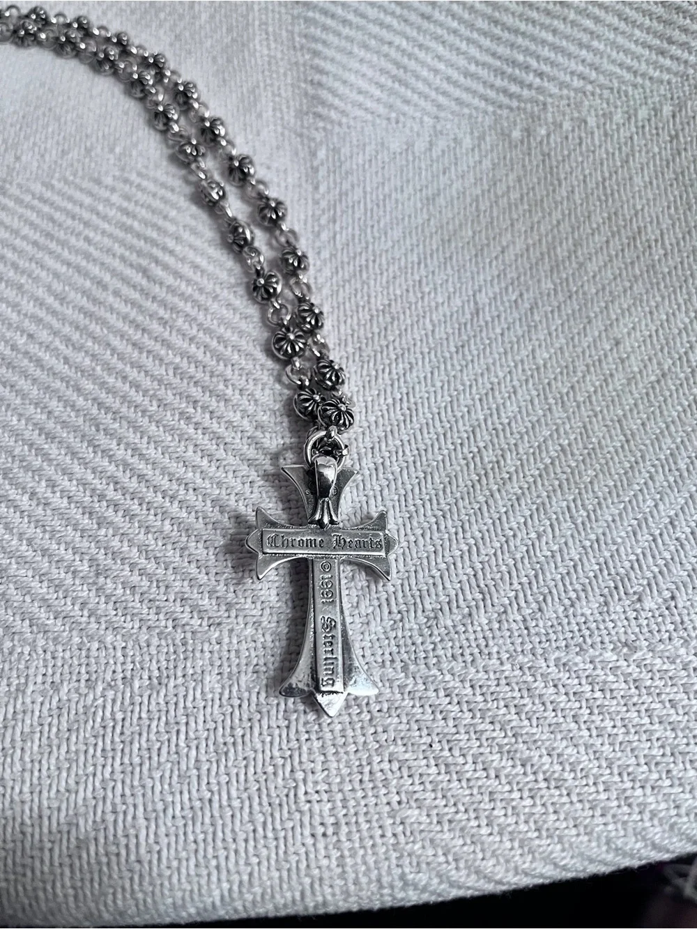 Chrome Hearts Floral Bead Silver Cross Pendant Necklace